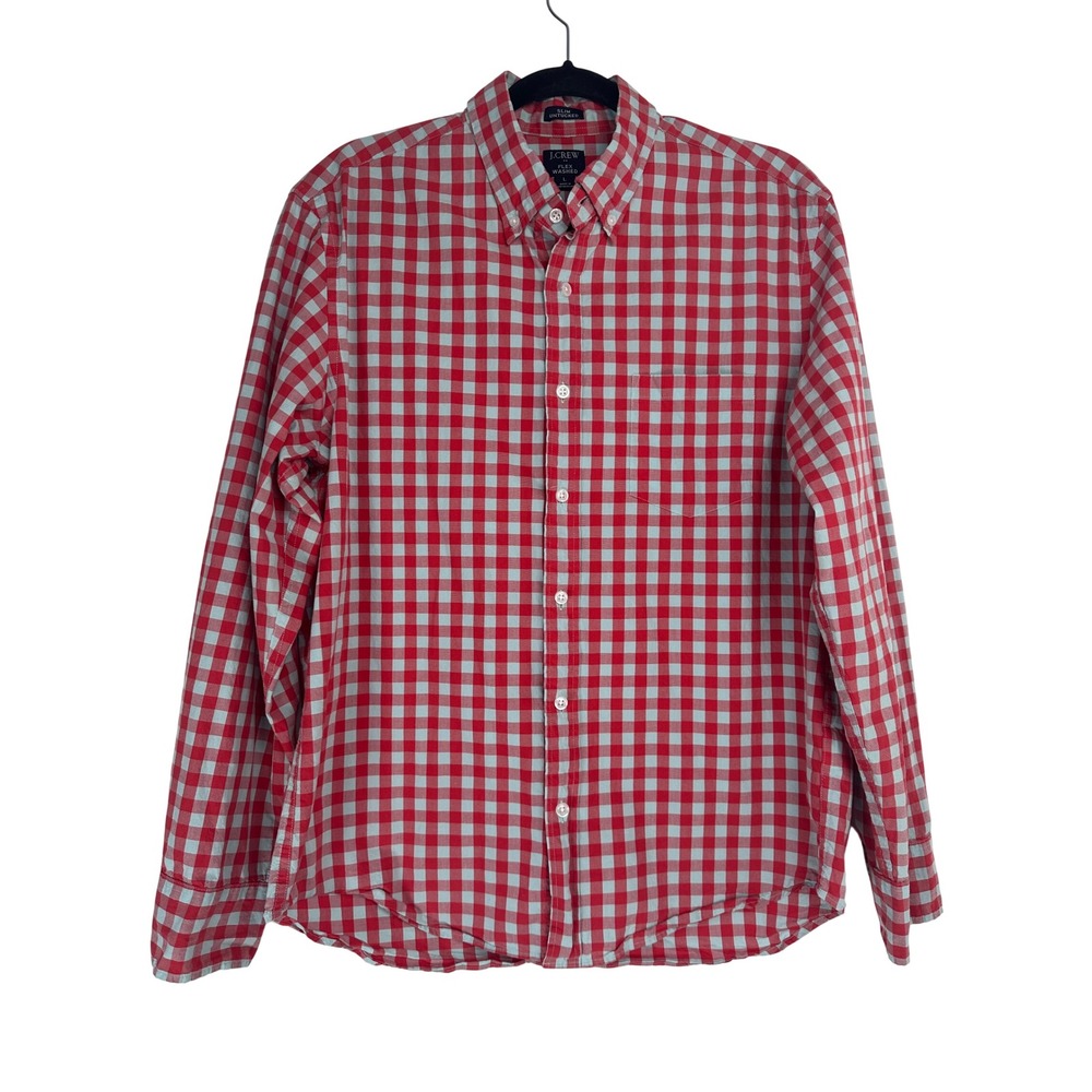 J.Crew Mens Slim Untucked Flex Washed Gingham Shirt Red Blue Large Preppy